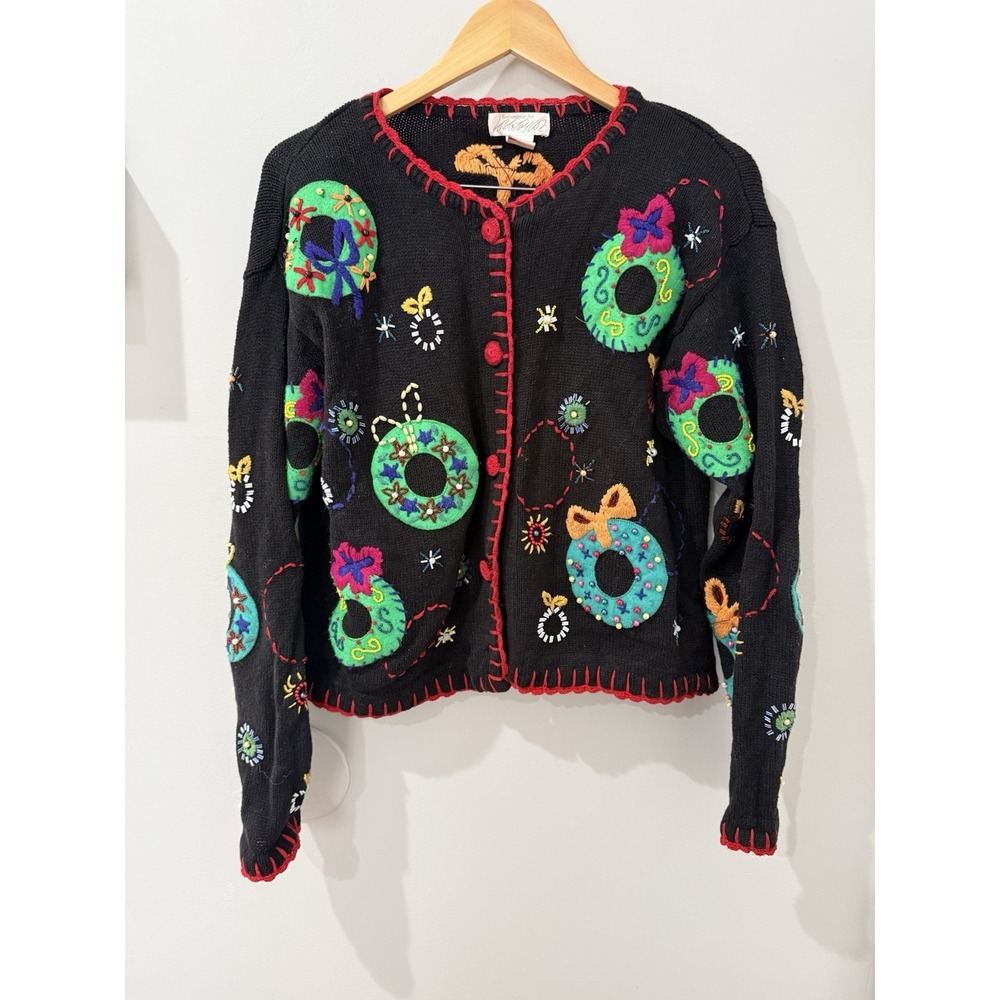 Vintage Designer Originals Women's Large Red Black Christmas Cardigan‎ Holiday